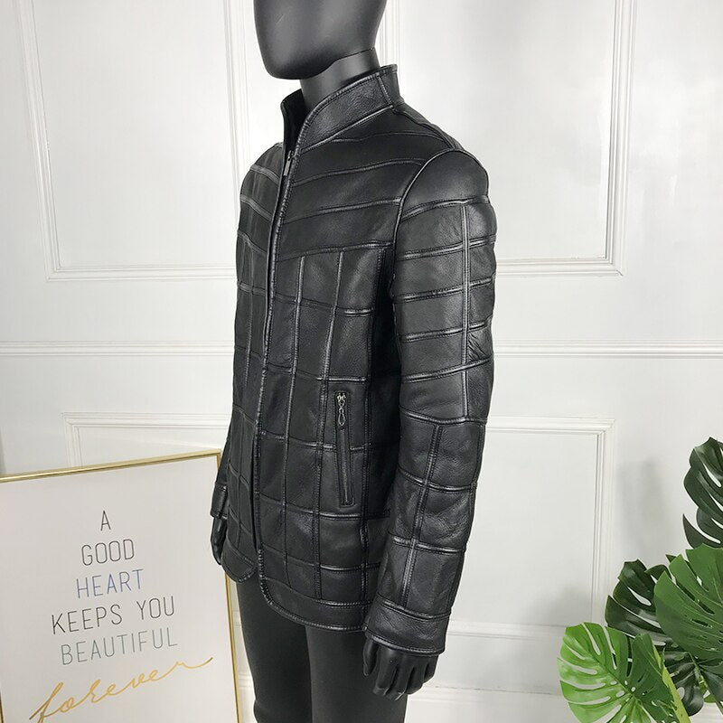 Box Pattern Genuine Leather Coats Real Fur Liner