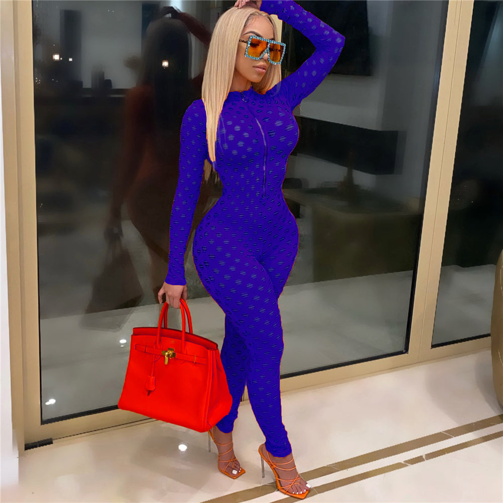 Full Hollow Holes Long Sleeve Jumpsuits