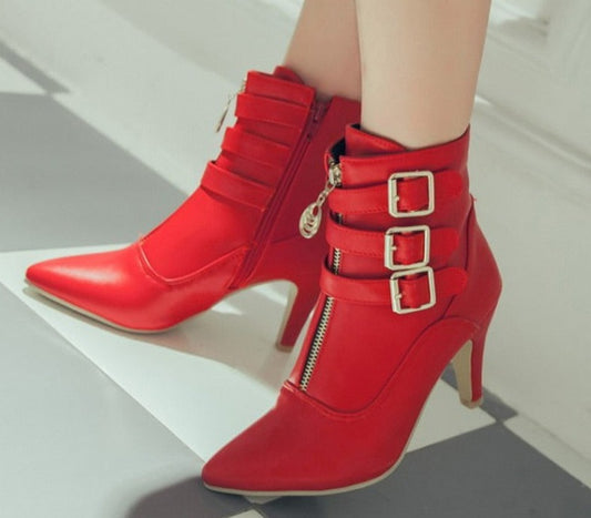 3 Buckle Pointed Toe High Heel Ankle Boots