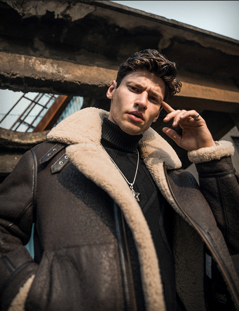 Genuine Leather Coat Shearling Lining Tall Collar