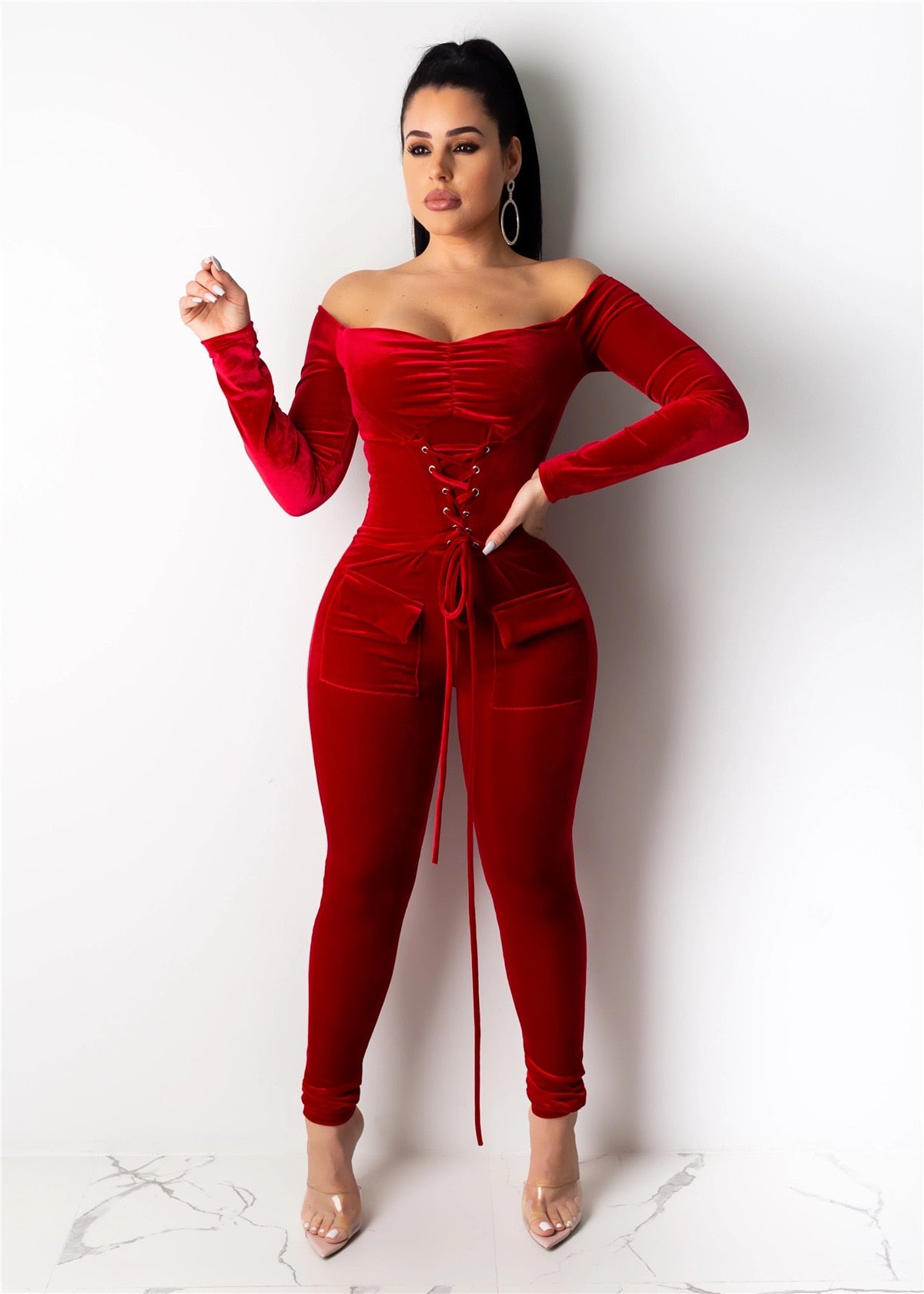 Velvet Off Shoulder Long Sleeve Jumpsuits