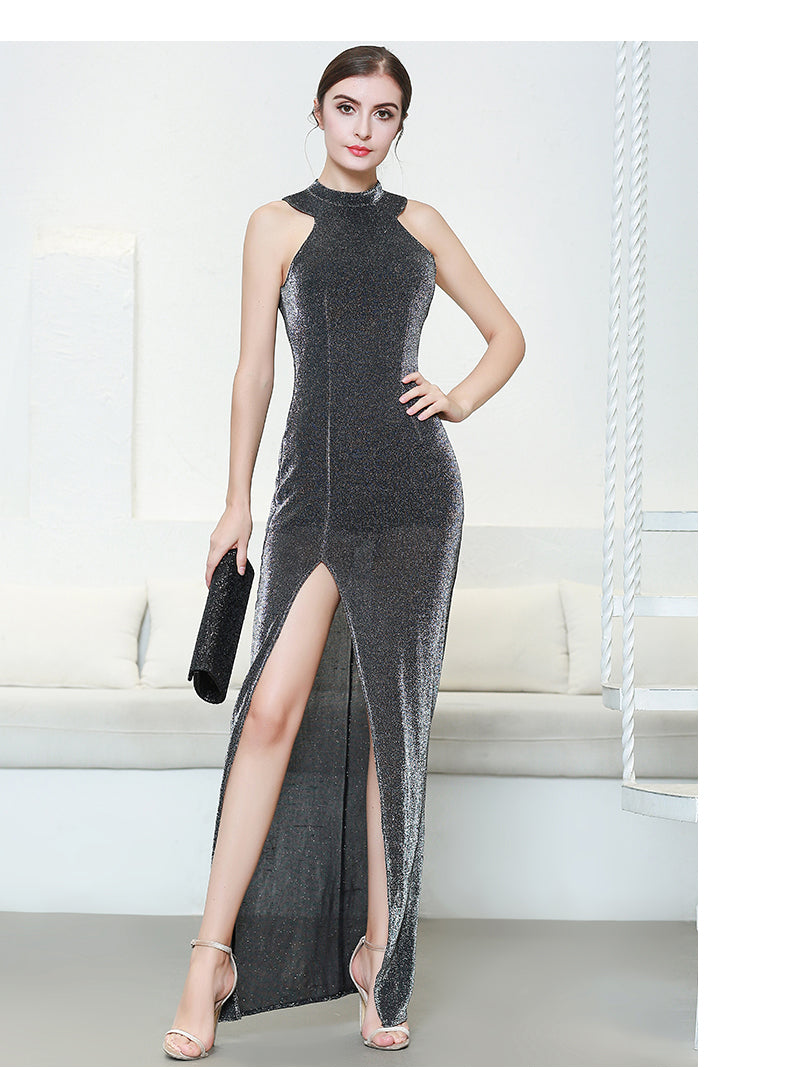 Metal Weave Fabric Ruched Ruffles Maxi Dress (Wrinkle Free)