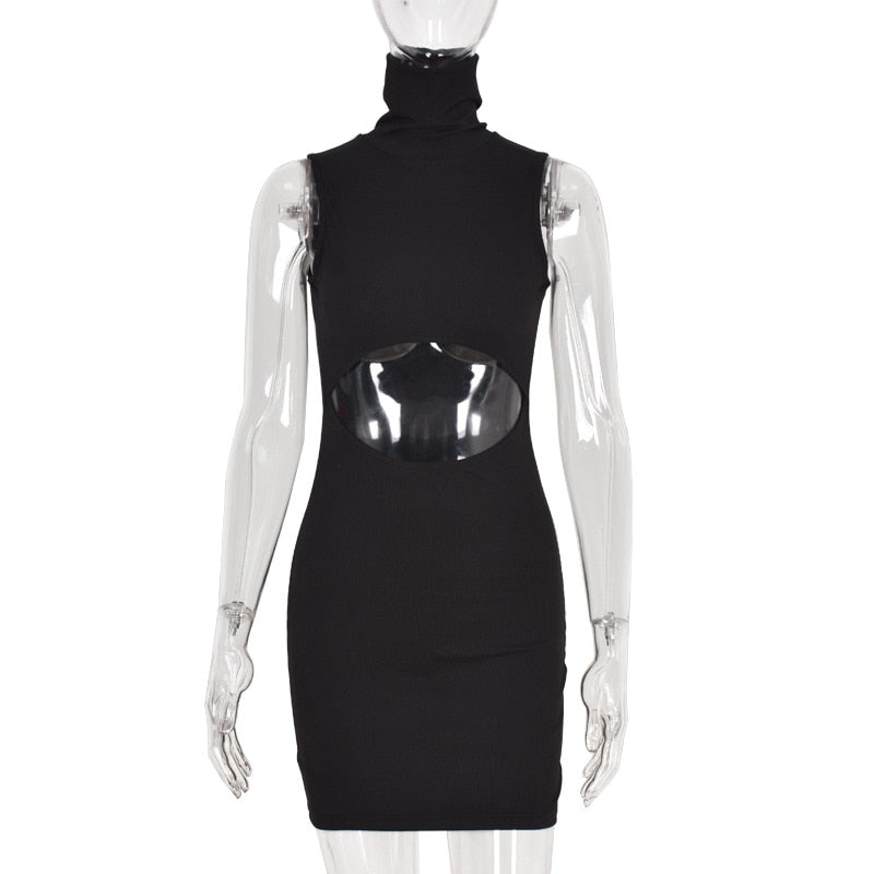 Turtleneck Hollow Belly Sleeveless Mini Dresses