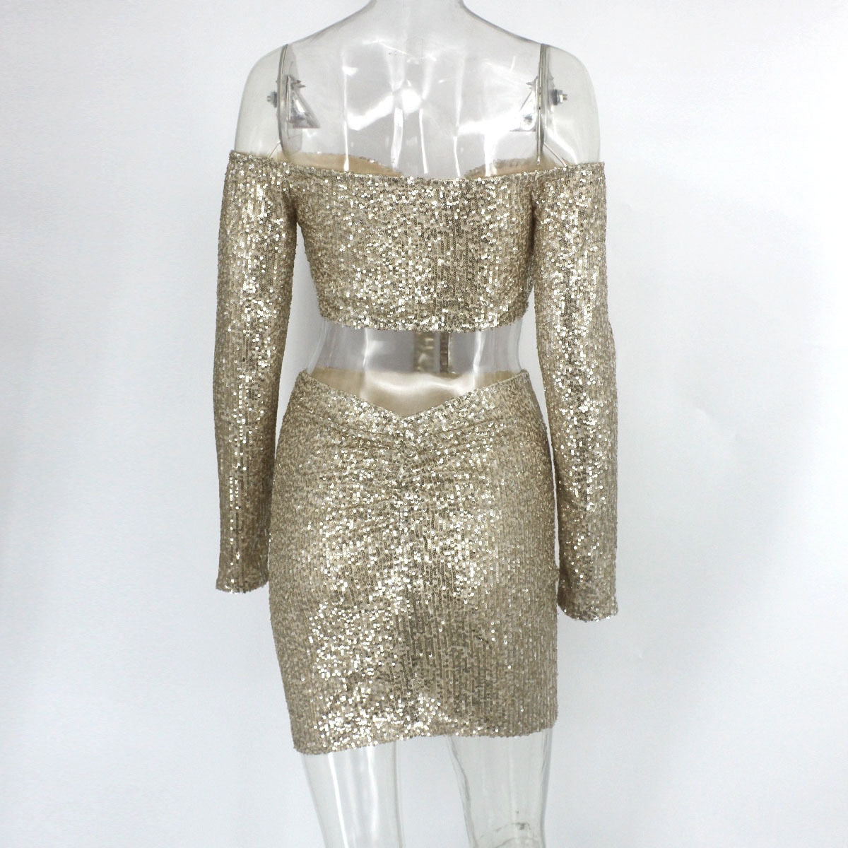 Gold Sequin Bow Off Shoulder Long Sleeve Crop and Mini Skirt