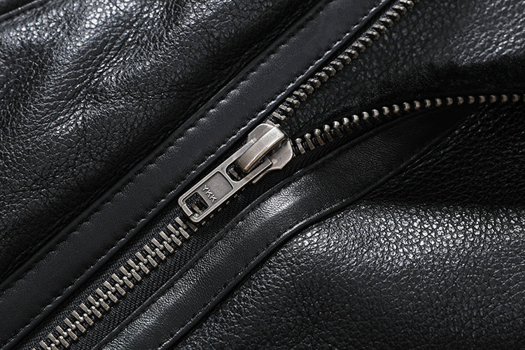 Genuine Leather Moto Jacket Real Wool Lining