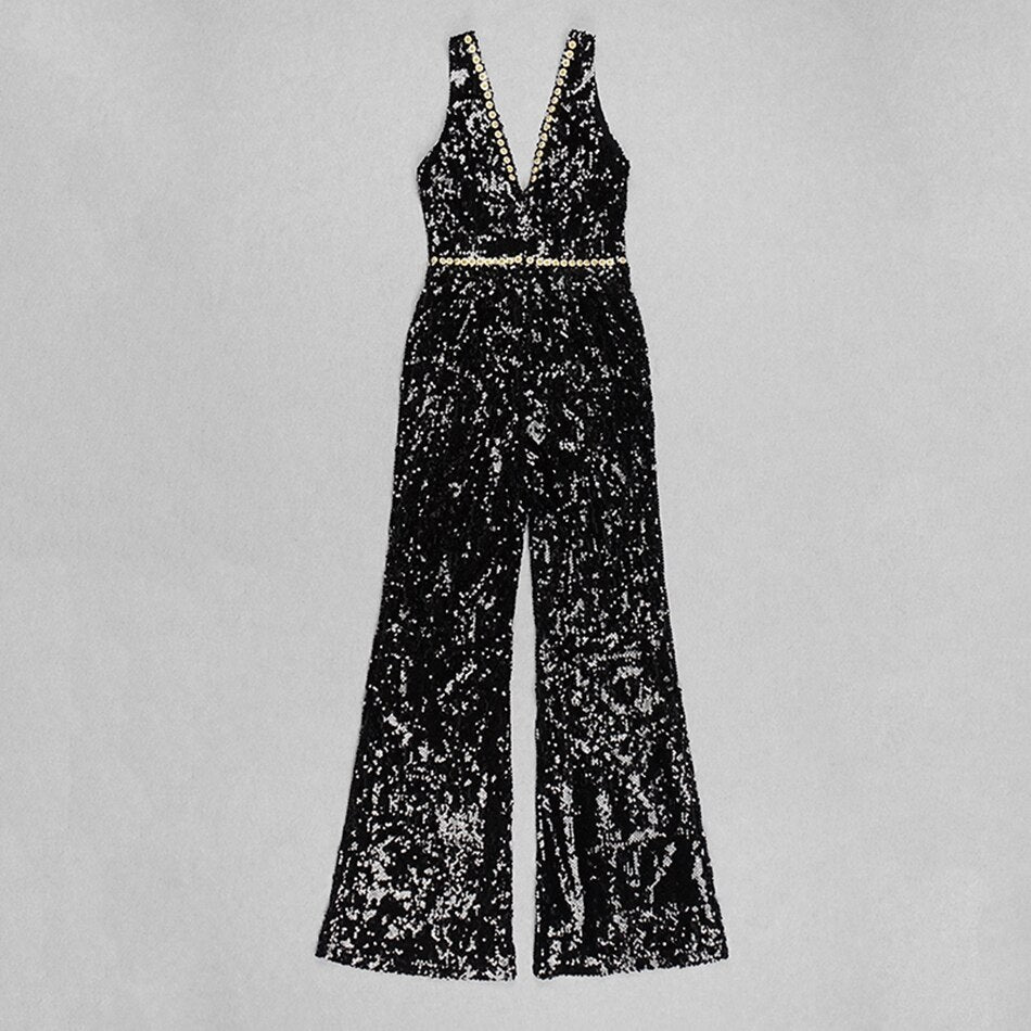 Deep V-Neck Rhinestone Sequin Wide-Leg Jumpsuit