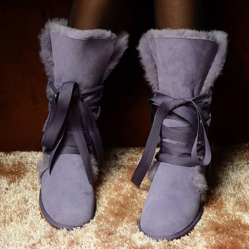 Genuine Leather Real Shearling Fur Long Lace High Boots