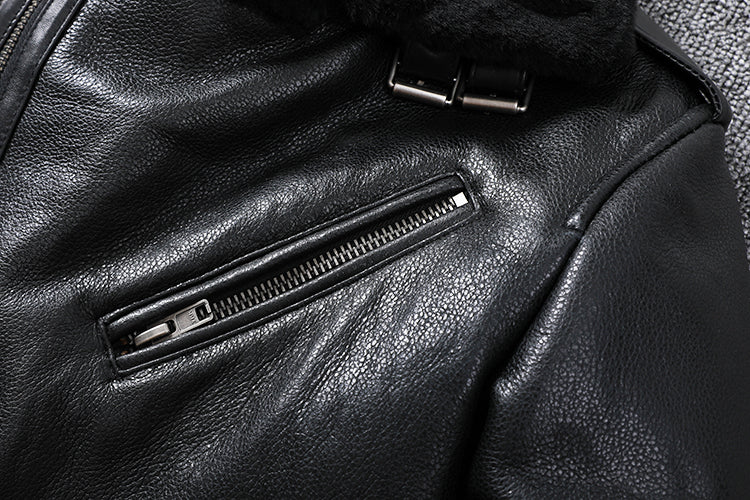 Genuine Leather Moto Jacket Real Wool Lining