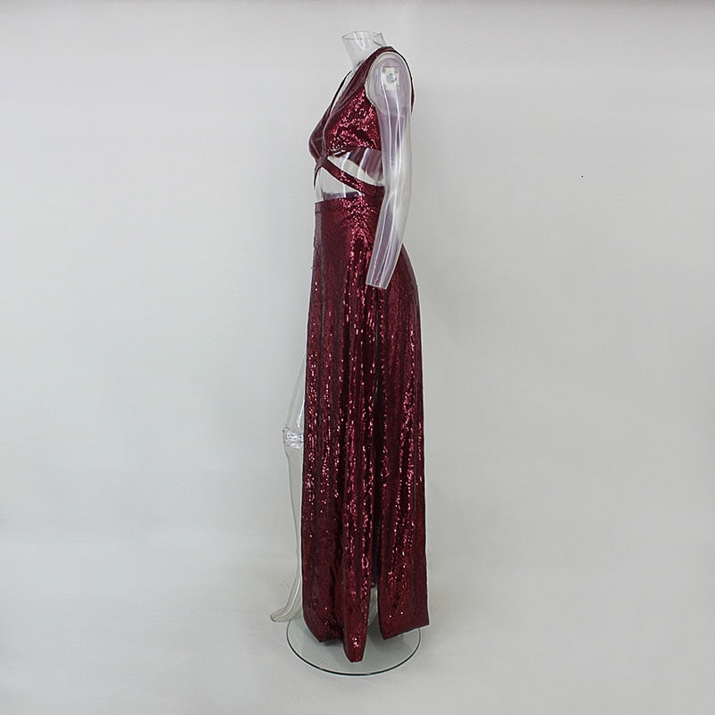 Sequin V Neck Tank Hollow Belly High Split Maxi Dresses