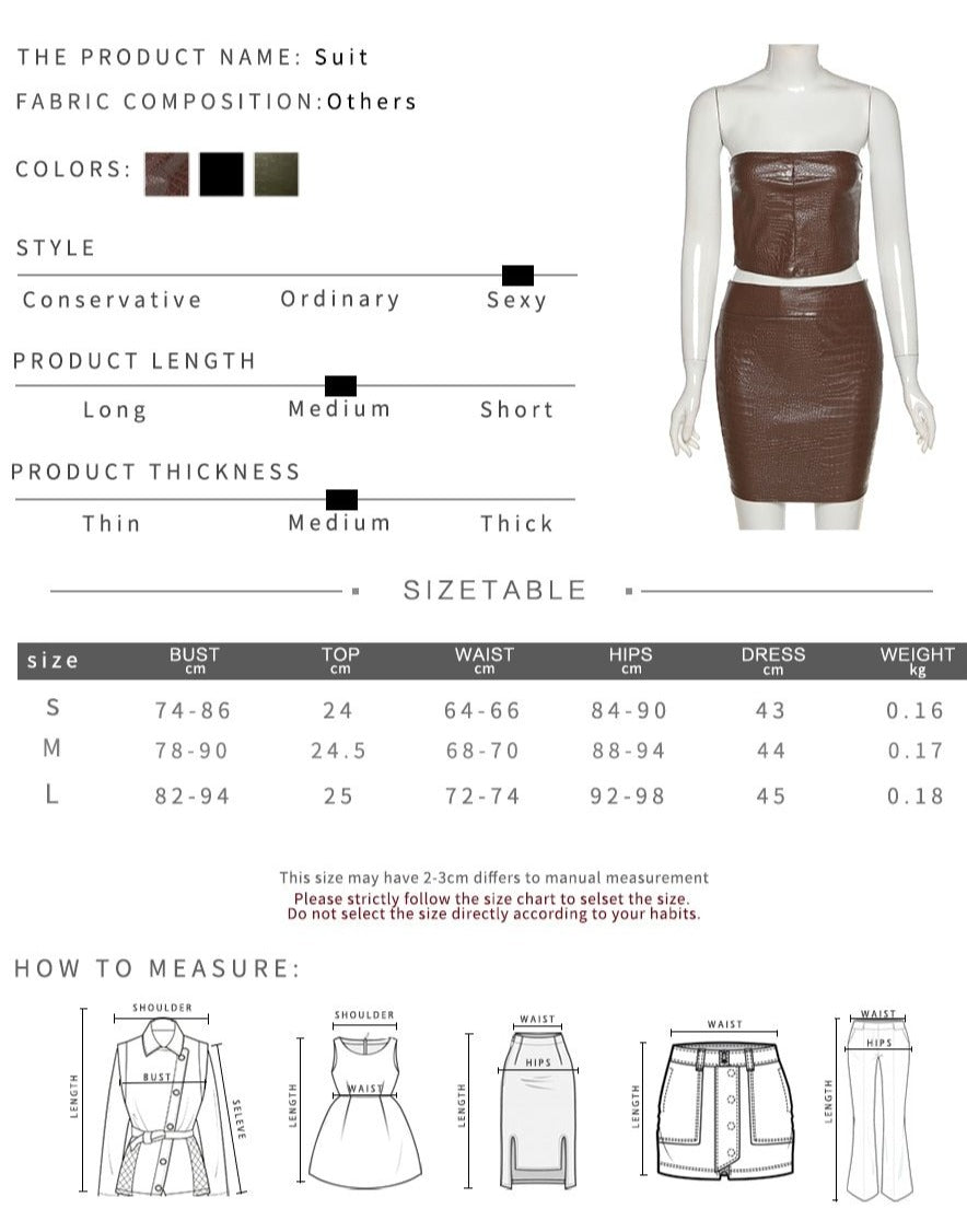 PU Leather Zipper Tank Top+Mini Skirts