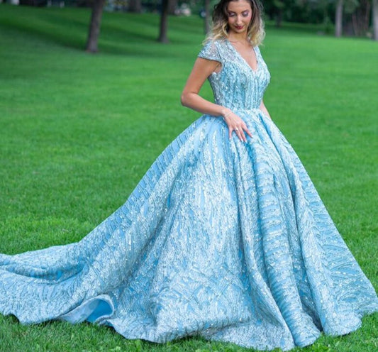 High Collar Short Sleeve Lace Sequin Evening Gowns