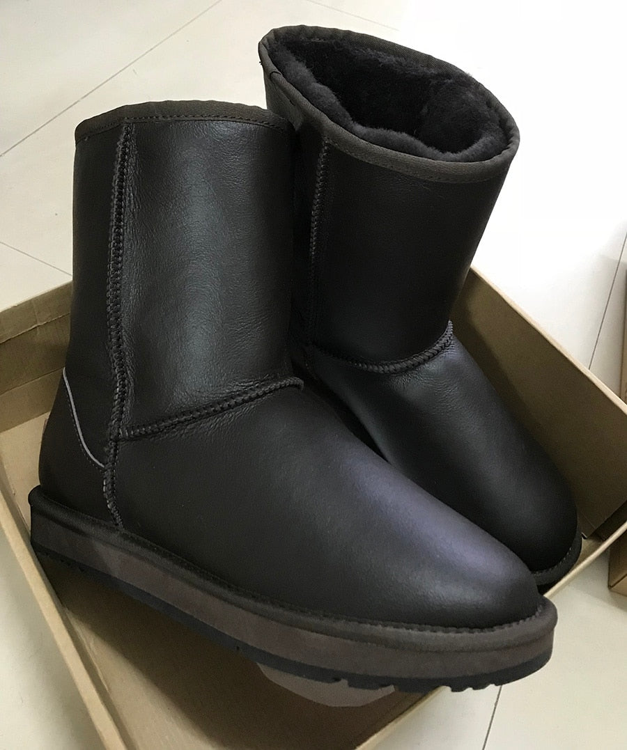 Real Leather Wool Fur Lined Snow Boots Waterproof