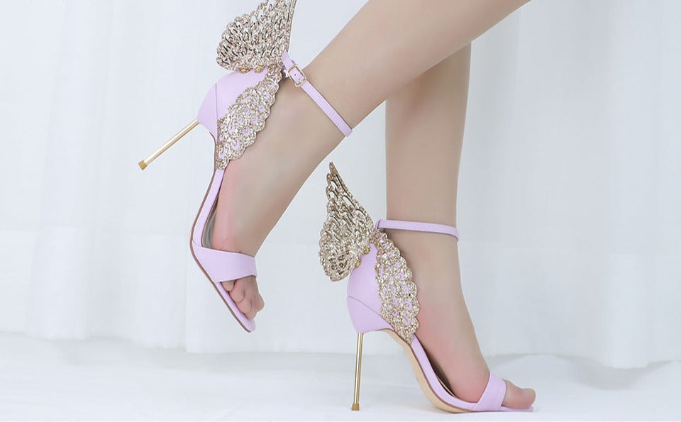 Butterfly Wings Open Toe Buckle Strap High Heels Pink/Silver