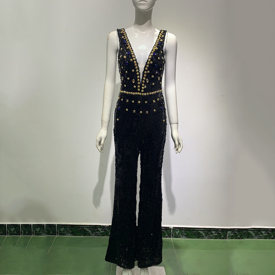 Deep V-Neck Rhinestone Sequin Wide-Leg Jumpsuit