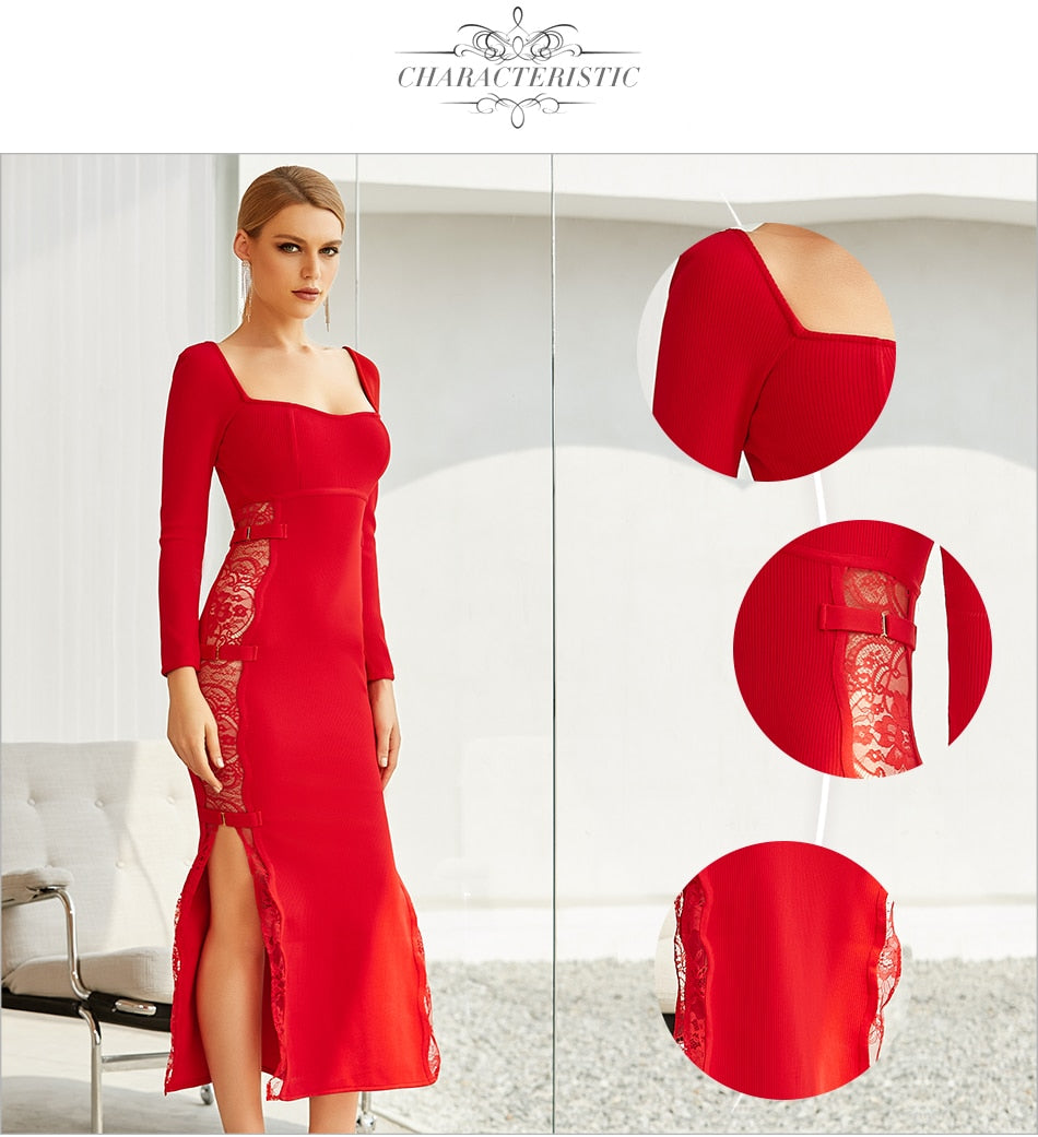 Long Sleeve Side Lace Maxi Bodycon Dresses