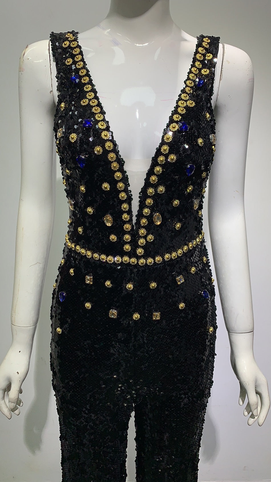 Deep V-Neck Rhinestone Sequin Wide-Leg Jumpsuit