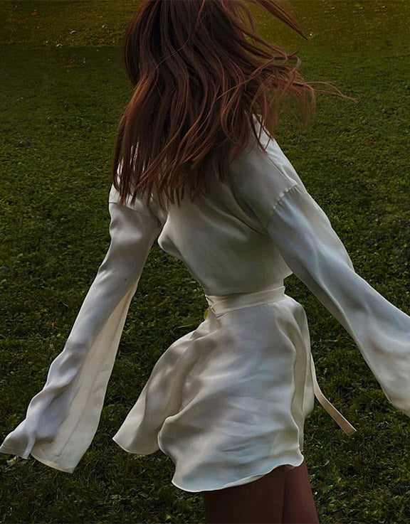 Lantern Sleeves Crop High Waist Mini Skirts Sets