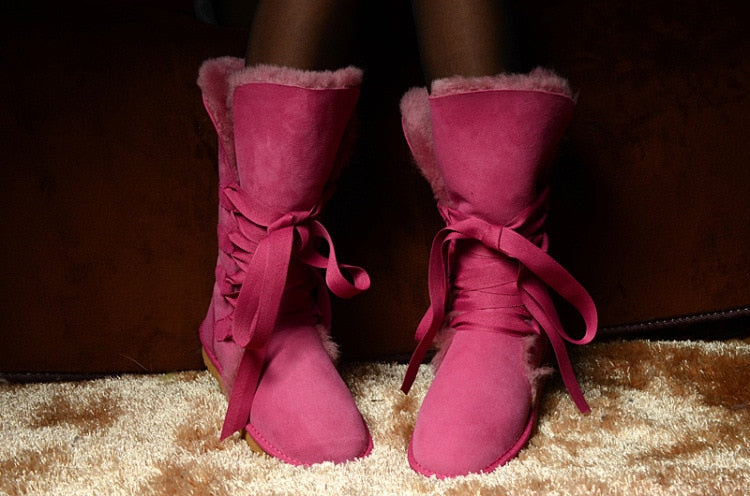 Genuine Leather Real Shearling Fur Long Lace High Boots