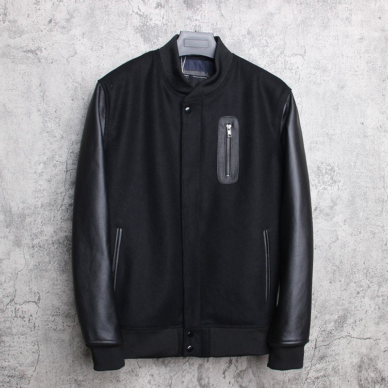 Genuine Leather Woolen Jacket Stand Collar