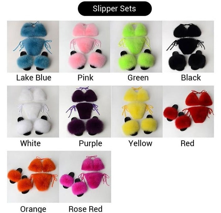 Real Fox Fur Bikini Sets w/Matching Slides (Multi-Colors)