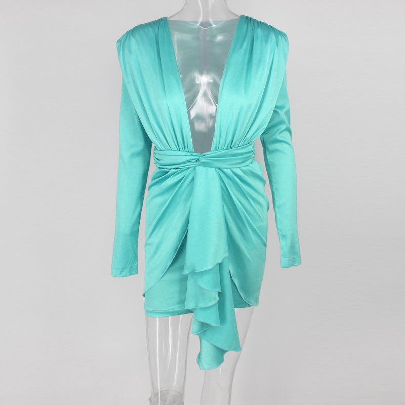 Deep V Wrap Long Sleeve Bandage Dresses