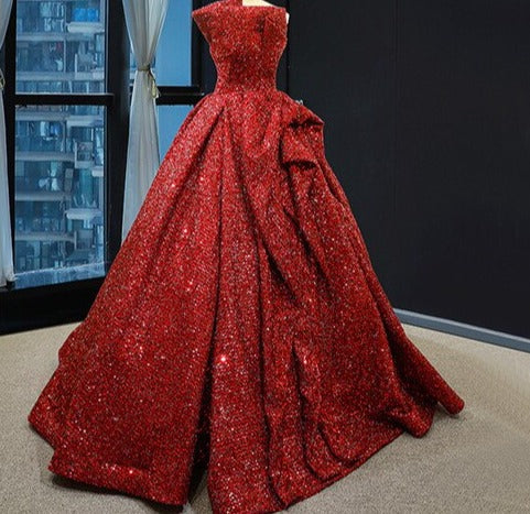 Wine Red Off Shoulder Strapless Sparkle Wedding Dress