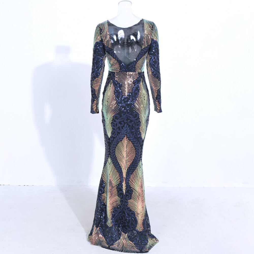 O Neck Long Sleeve Backless Sequin Maxi Multi Dress