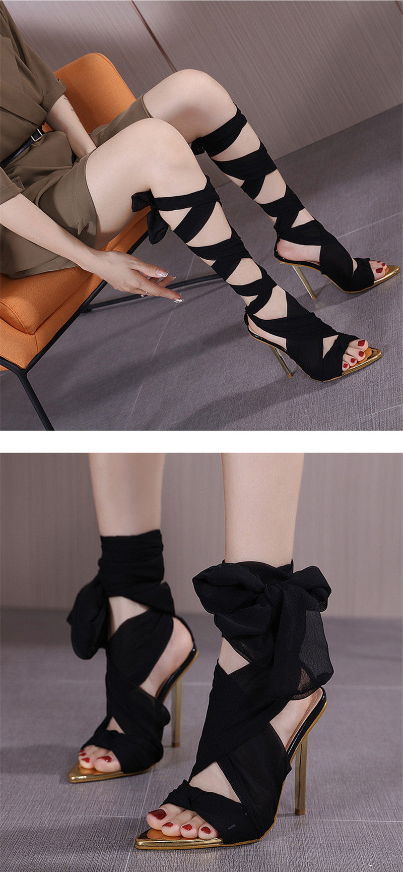 Fabric Tie Peep Toe High Heels