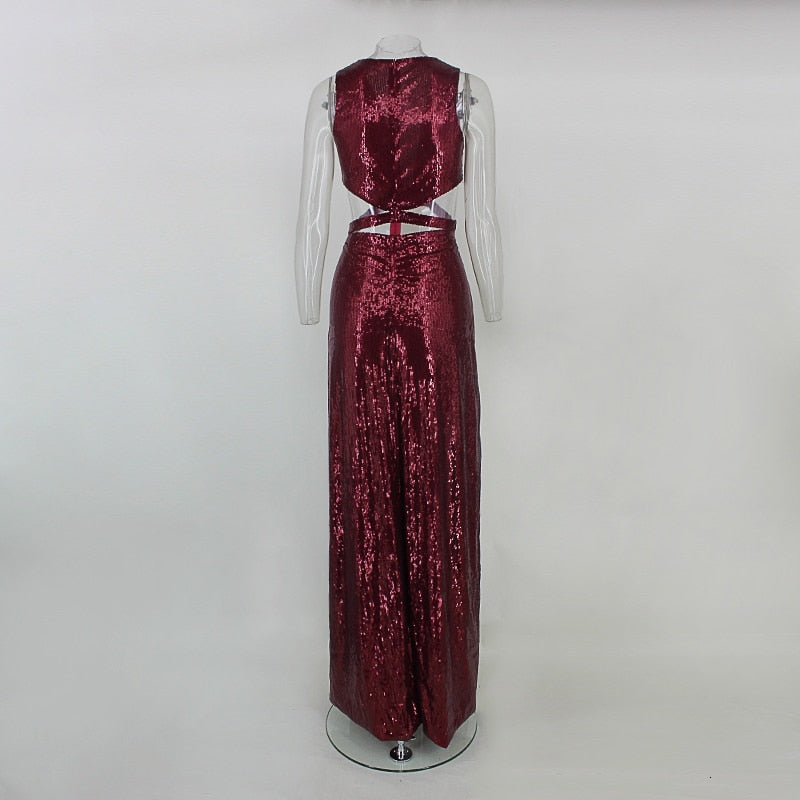 Sequin V Neck Tank Hollow Belly High Split Maxi Dresses
