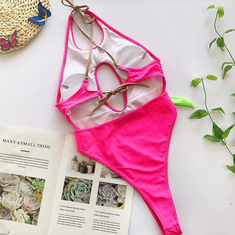 Neon Pink/Black Hollow out High Cut Monokinis