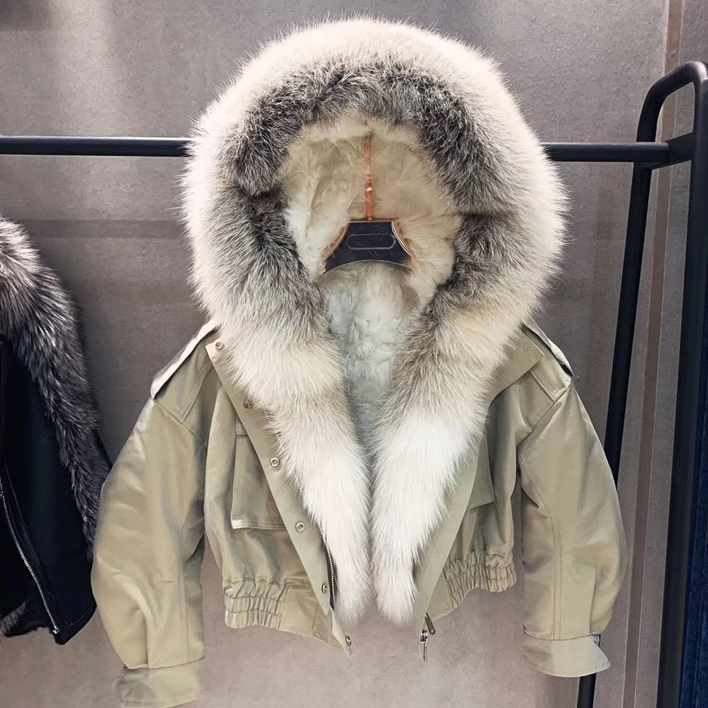 Real Fox Fur Collar Crop Bomber Jackets