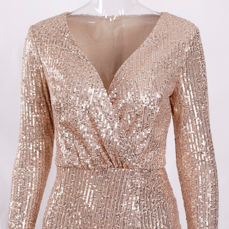 Sequin Stretchy Long Sleeve Maxi Dresses