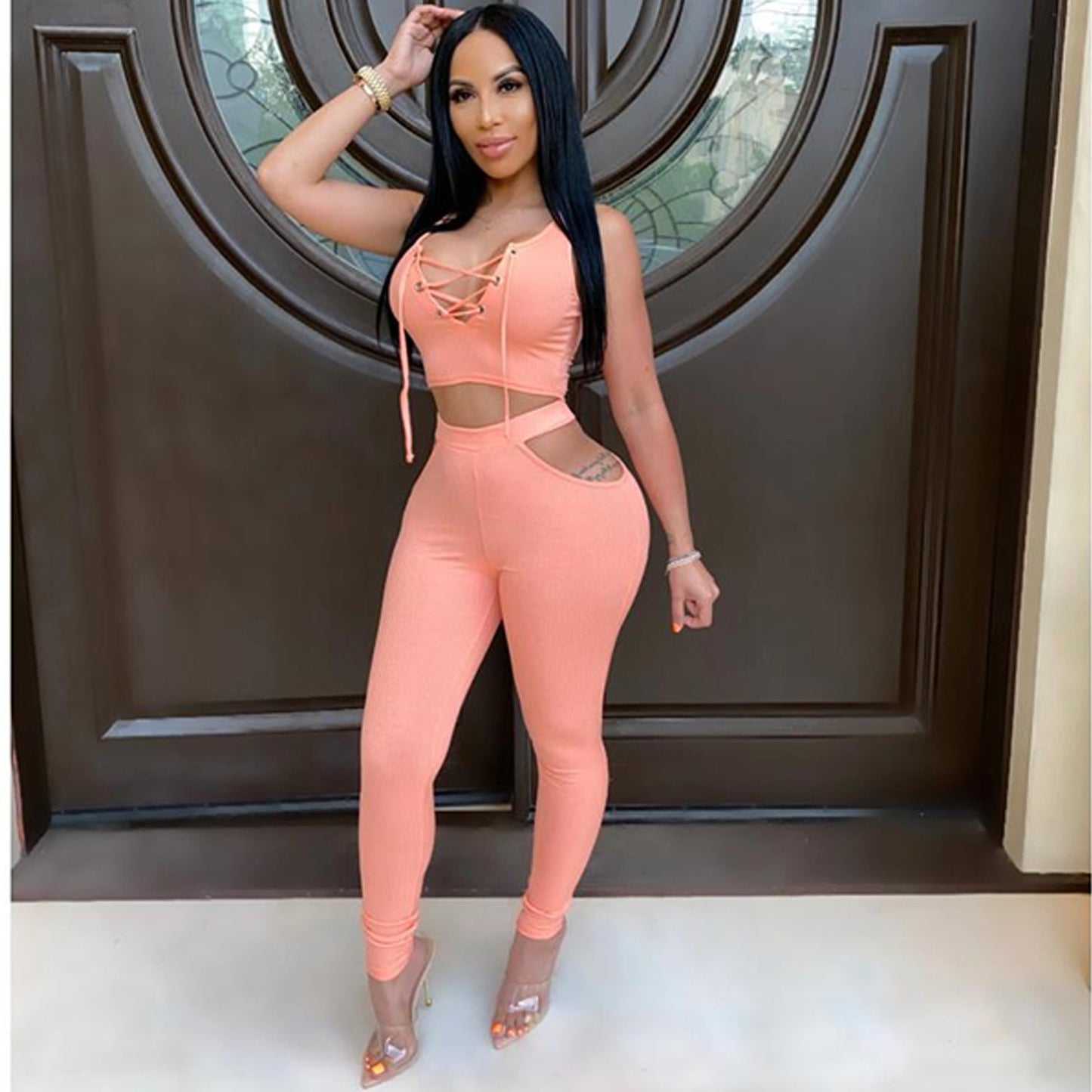 V-Neck Sleeveless Crop Top and Hollow Out Pants Sets