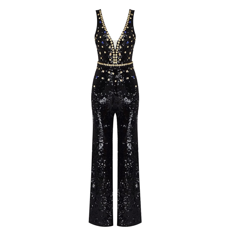 Deep V-Neck Rhinestone Sequin Wide-Leg Jumpsuit