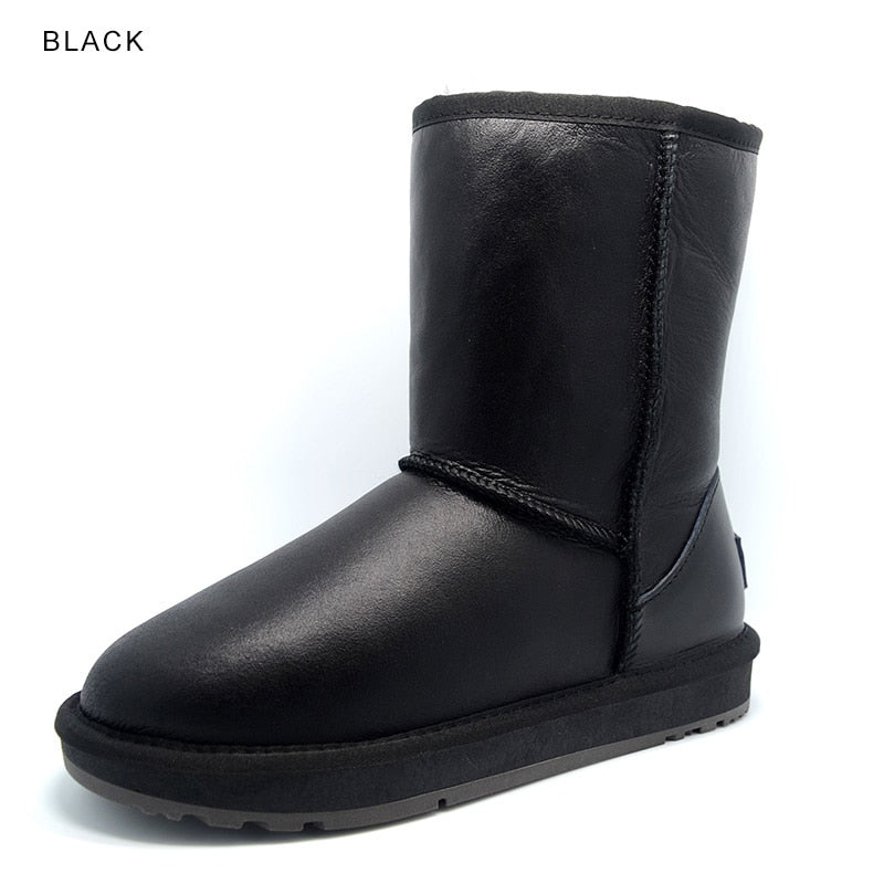 Real Leather Wool Fur Lined Snow Boots Waterproof