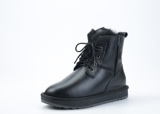 Genuine Leather Natural Wool Fur Lined Waterproof Ankle Boots