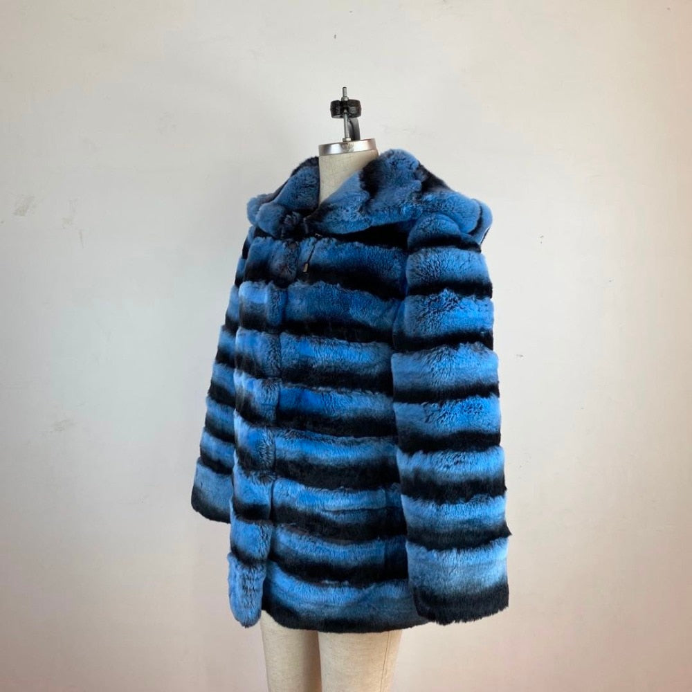 Blue Real Rabbit Fur Hooded Coats
