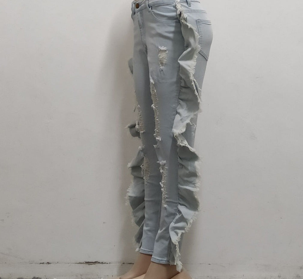 Side Ruffles Mid Waist Ripped Hole Jeans