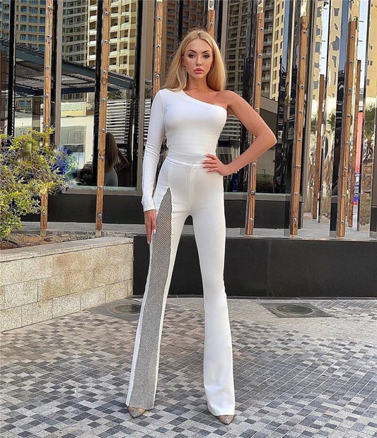 Off Shoulder One Sleeve Mesh Wide Leg Jumpsuits