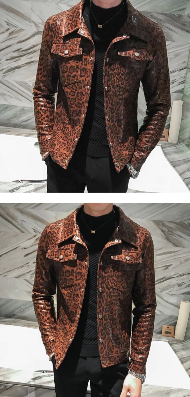 Leopard Print Slim Pu Leather Jackets