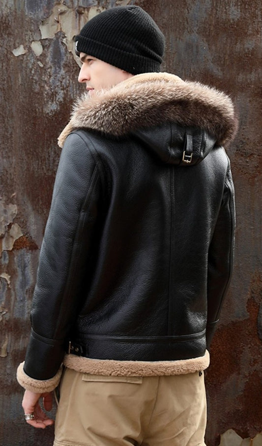 Genuine Leather Shearling Hooded Fur Coats
