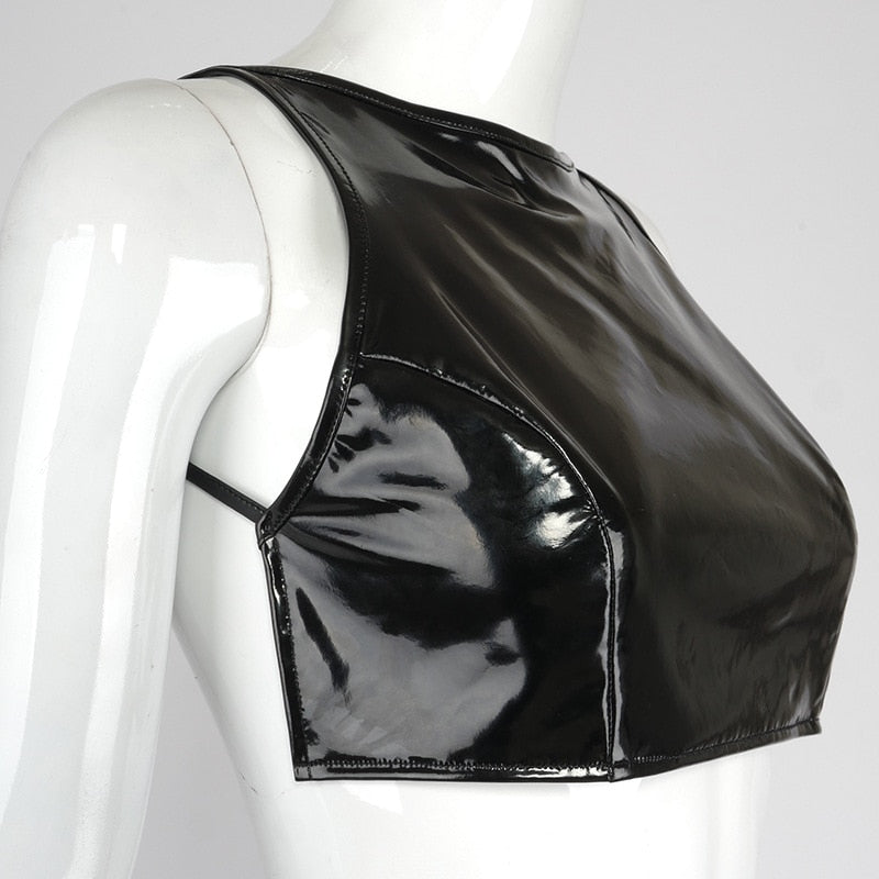 Black PU Leather Open Back Crop & Shorts Set