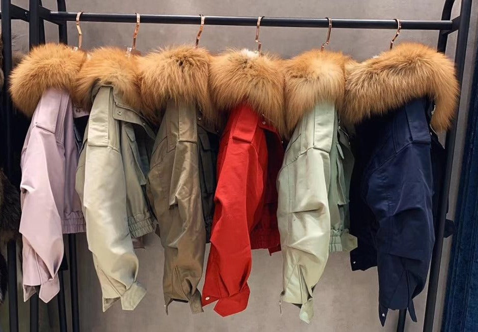 Real Fox Fur Collar Crop Bomber Jackets
