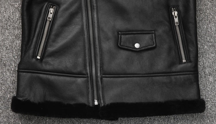 Genuine Leather Moto Jacket Real Wool Lining