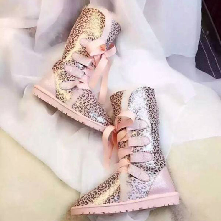 Leopard/Camo Print Genuine Leather Natural Wool Fur Lace Up Boots