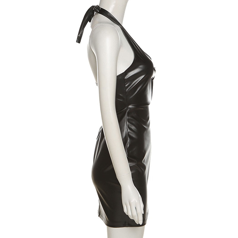Halter PU Leather Backless Dresses