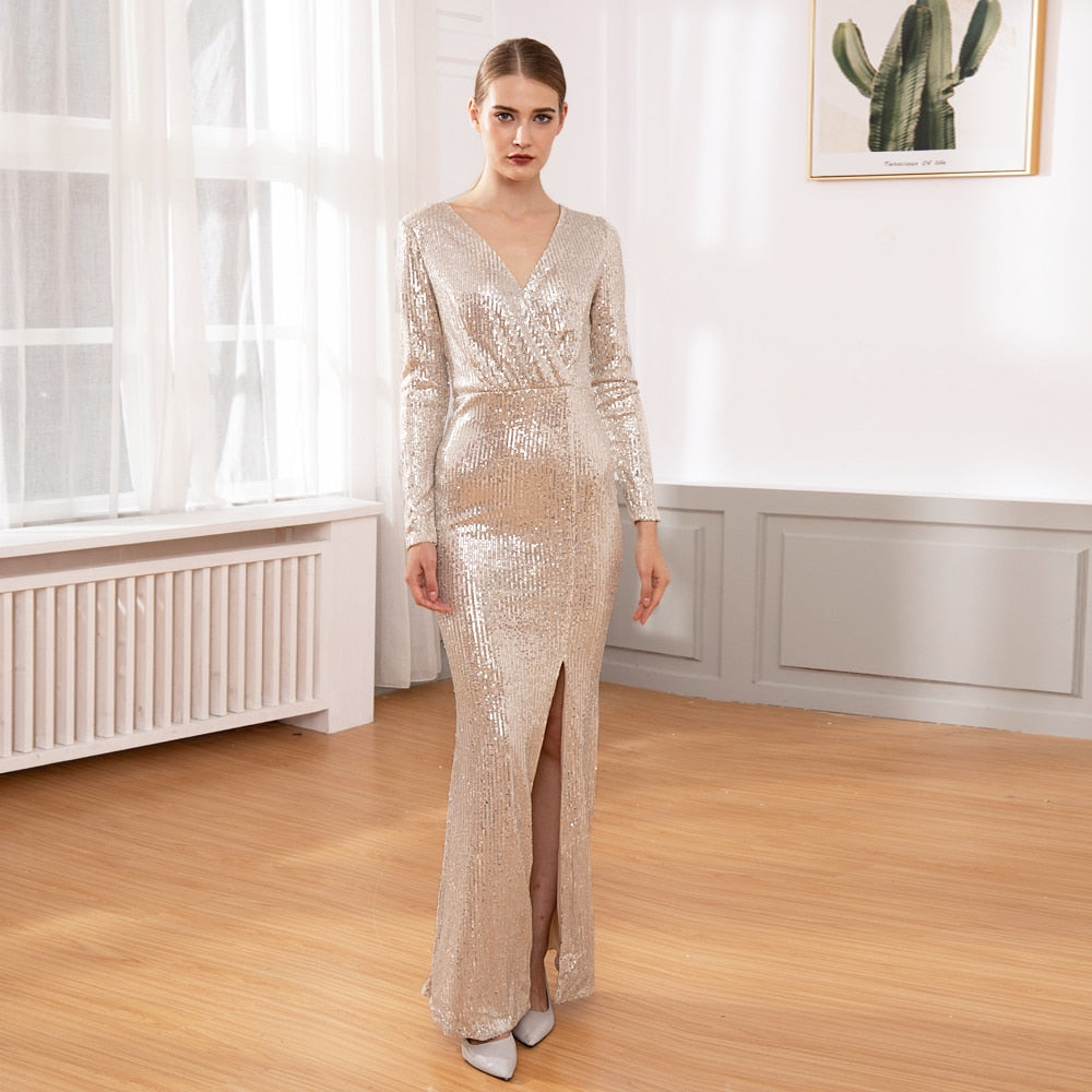 Sequin Stretchy Long Sleeve Maxi Dresses