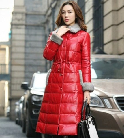 Genuine Leather Long Coat Duck Down Mink Fur Collar