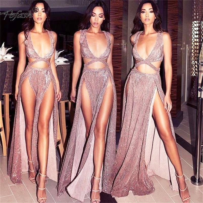 Sequin V Neck Tank Hollow Belly High Split Maxi Dresses