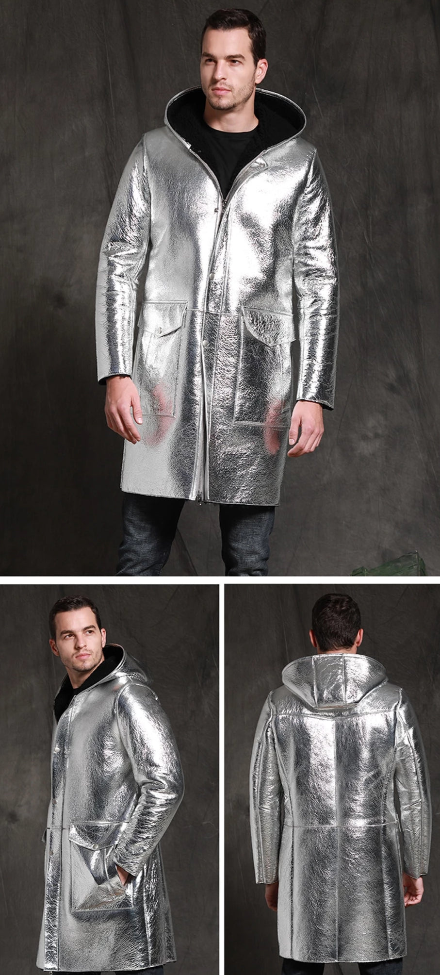 Metallic Silver Genuine Leather Shearling Fur Lining Long Hooded Coat